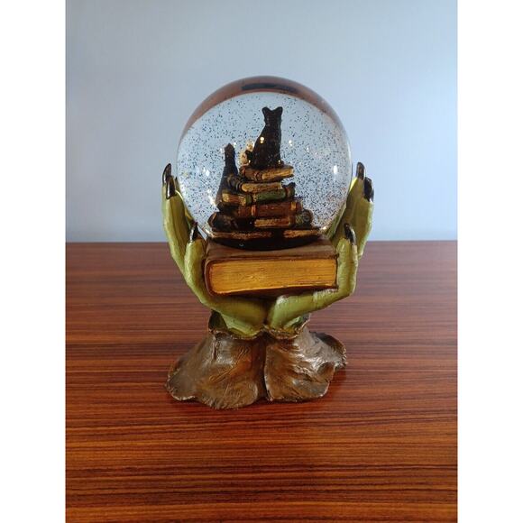 Halloween Spooky Witch Hand Black Cat Book of Spells Water Globe with Black Bats - Picture 6 of 16